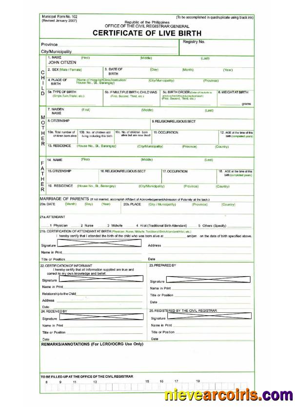 Philippines certificate of live birth